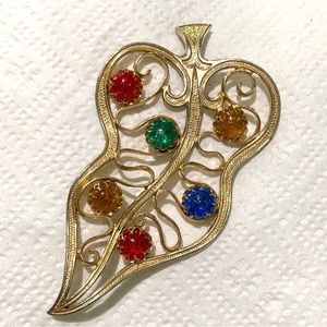 Vintage Schiaparelli Art glass cabs gold leaf brooch multi-color 3.75"